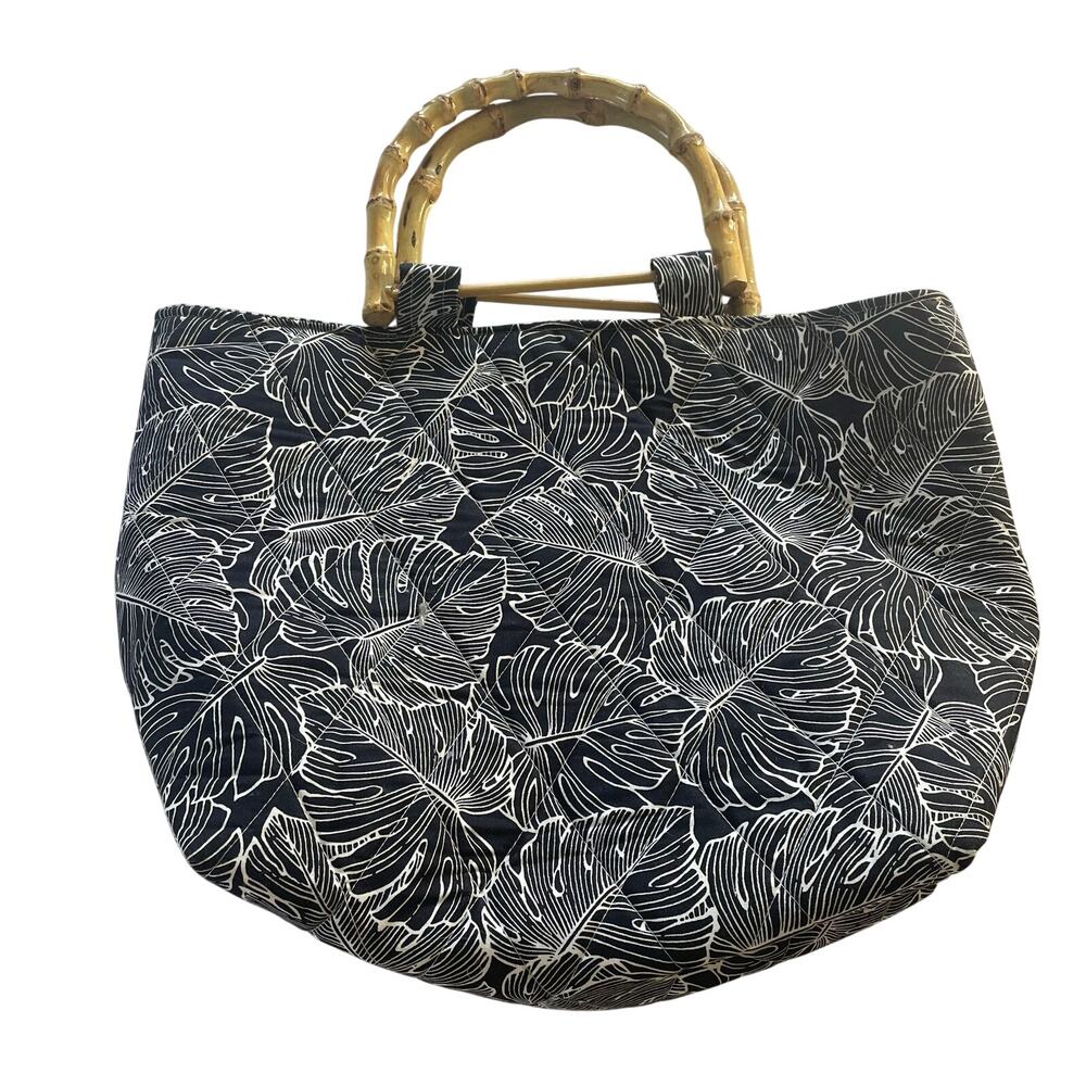 Hawaiian Print Black & White Bamboo Handle Home sewn Handbag